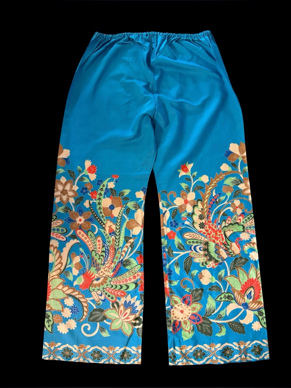 Vtg Teal Asian Floral Wide Leg Palazzo Ankle Pants L/XL Silky Pongee Boho Lounge